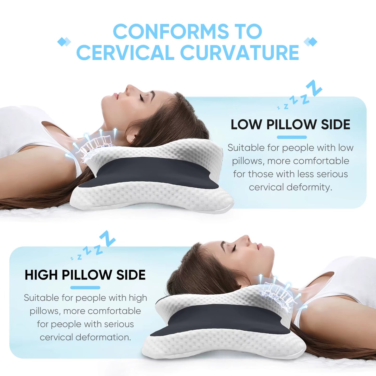 Ergonomic Cervical Pillow Memory Foam Pillow Neck Pain Relief Comes with Ice Silk Pillowcase Adjustable for Back Side Sleepers