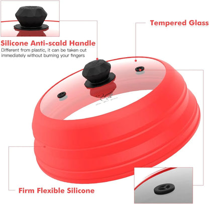 Microwave Splatter Cover Vented Glass Cover Splatter Guard Lid with Collapsible Silicone for Food as Pot Cover Plate Cover 10.5 Inch for 6 7 8 9 10 Inch Plate Bowl