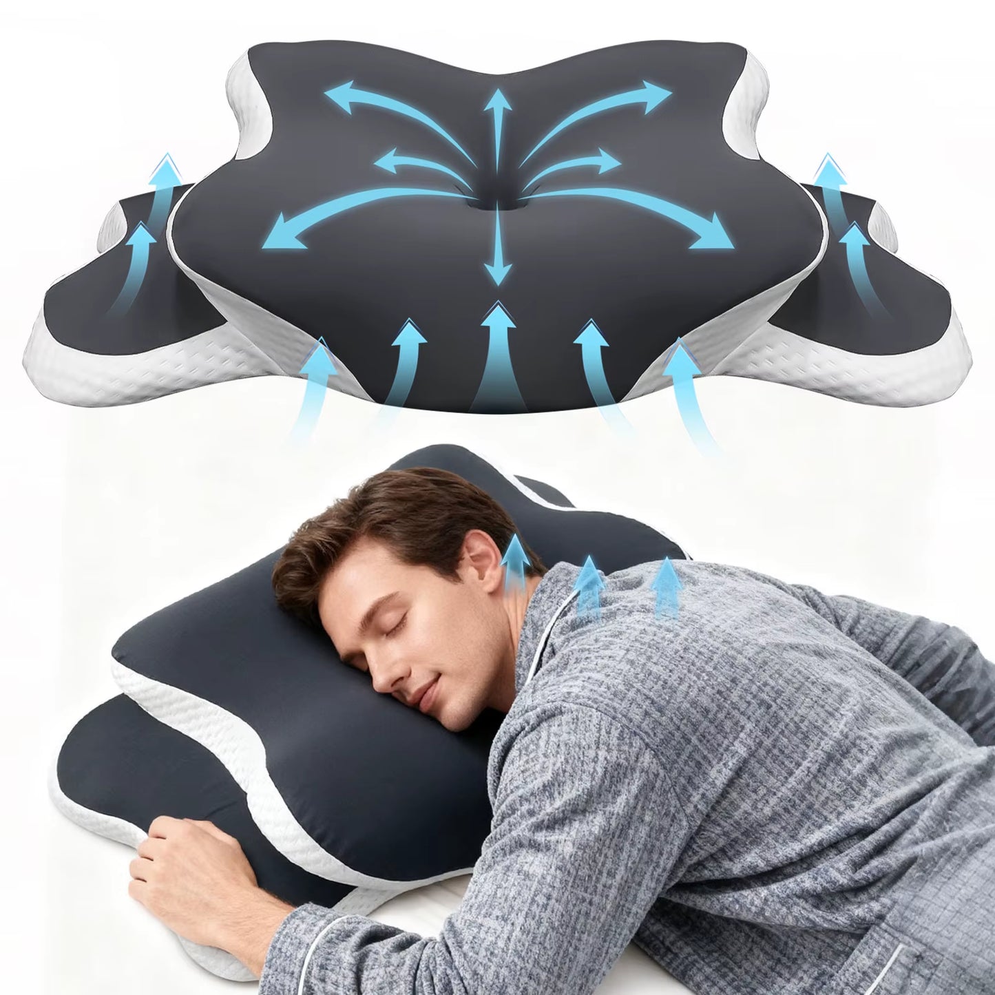Ergonomic Cervical Pillow Memory Foam Pillow Neck Pain Relief Comes with Ice Silk Pillowcase Adjustable for Back Side Sleepers